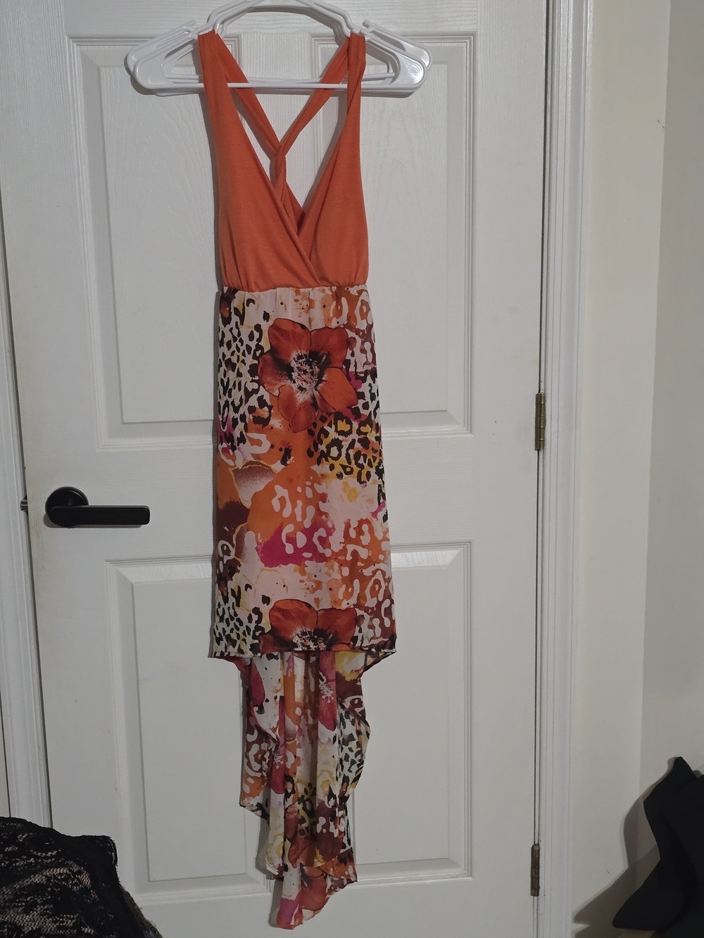 No Boundaries Orange Floral & Leopard Print High-Low Dress